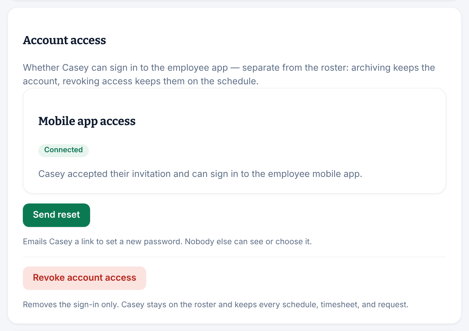 The Account access panel for Casey Wren, showing Connected under Mobile app access, the Send reset button, and the Revoke account access button.