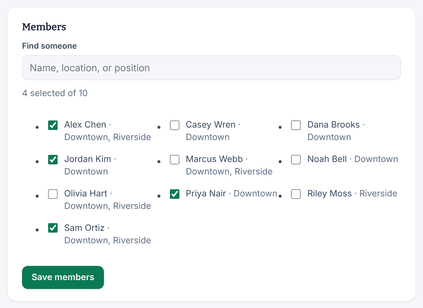 The Openers group page, with 4 selected of 10 under Members, a list of people with their locations, and the Save members button.