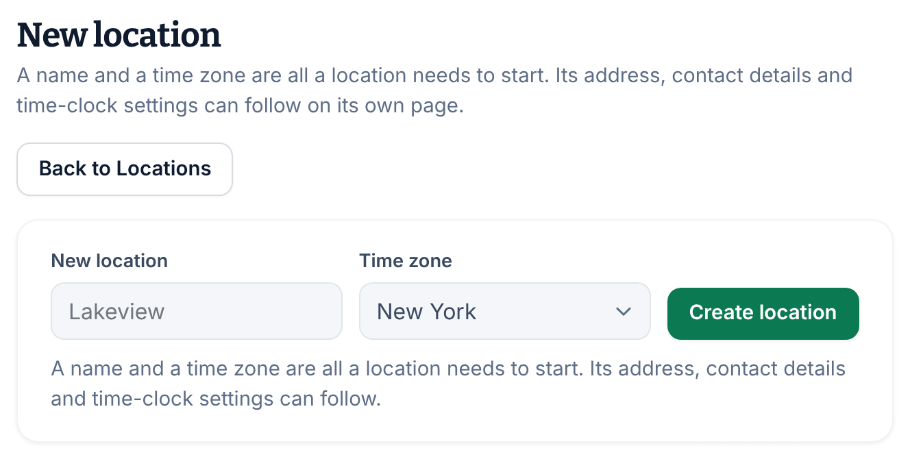 The New location form with an empty name box showing Lakeview as an example, the Time zone set to New York, and the Create location button.