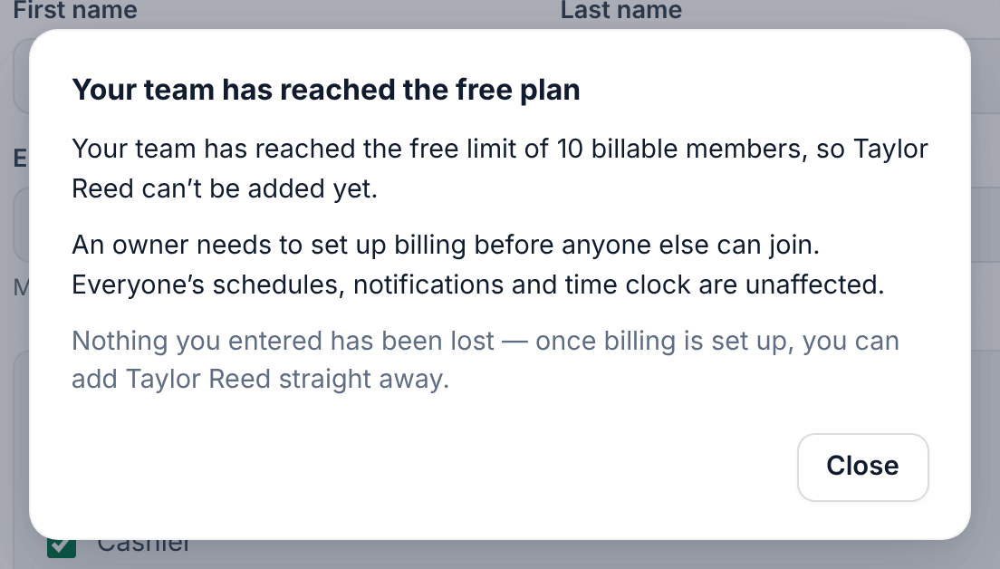 The Your team has reached the free plan dialog, saying the team has reached the free limit of 10 billable members so Taylor Reed can't be added yet, with a Close button.