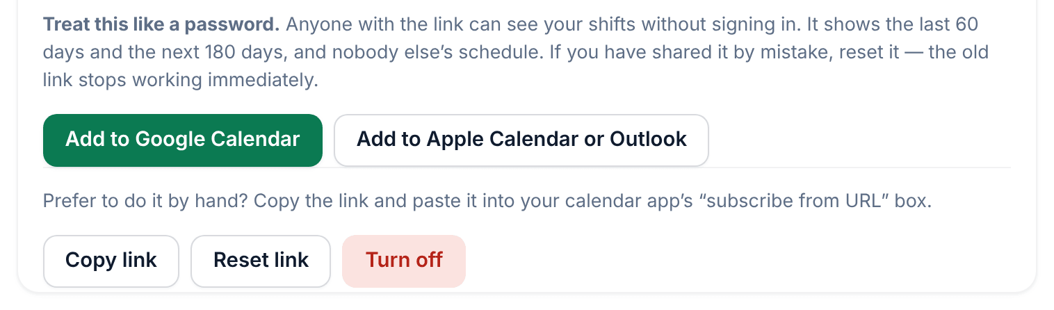 Calendar sync after creating a link: a warning to treat the link like a password, and the Add to Google Calendar, Add to Apple Calendar or Outlook, Copy link, Reset link and Turn off buttons.