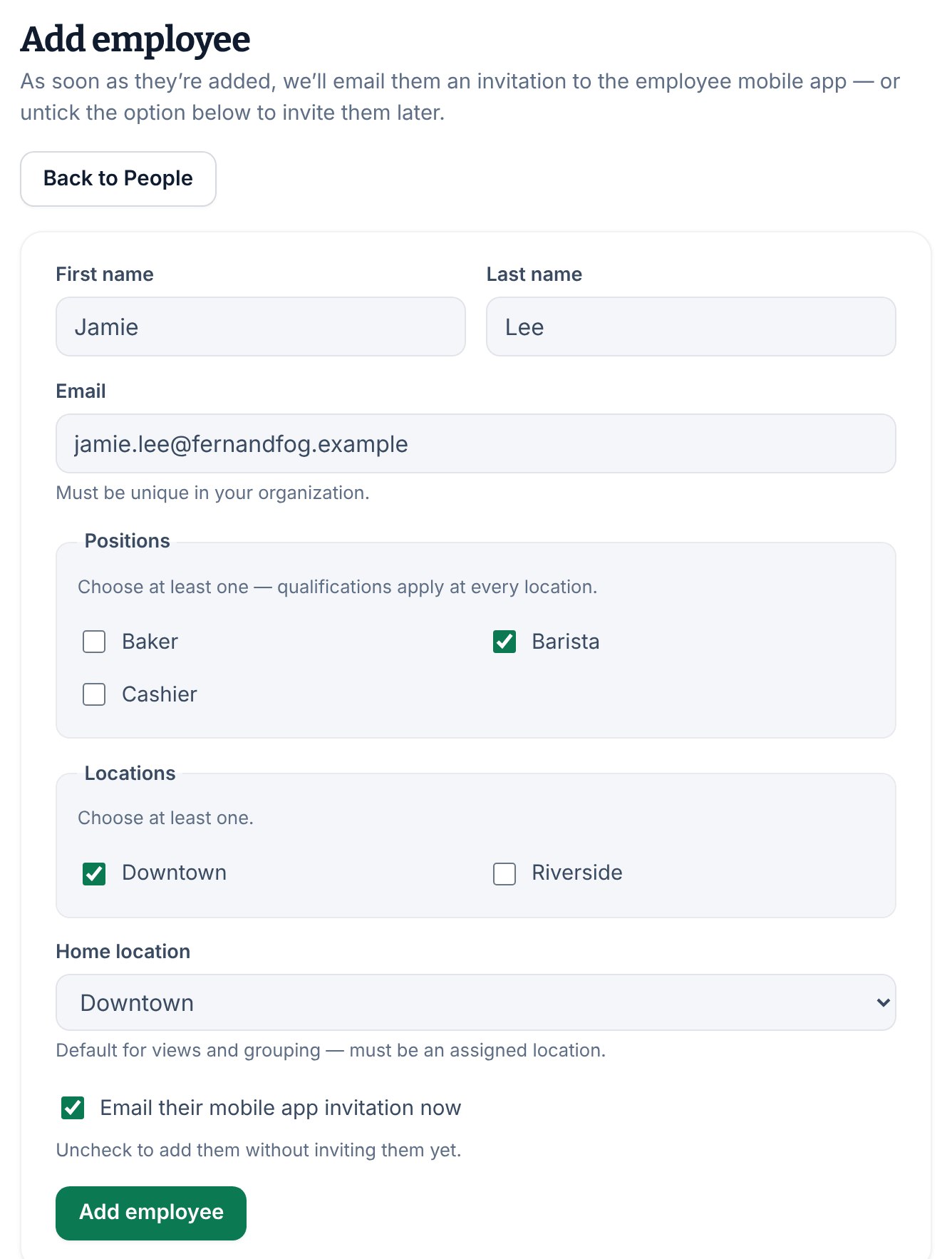 The Add employee form with a first name, last name and email filled in, Barista and Downtown ticked, Downtown chosen as the home location, and the invitation box ticked.