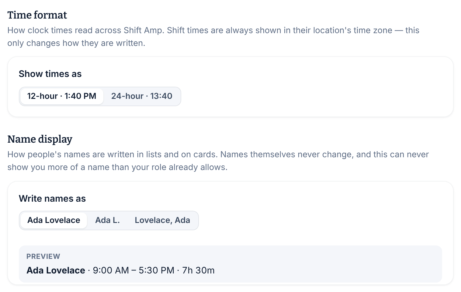 My preferences in Settings, showing the Time format choice between 12-hour and 24-hour, and the Name display choice with a preview of a name, shift times and a duration.