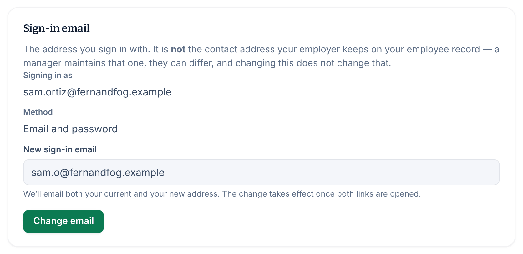 The Sign-in email card on Your account, showing the current address and method, a new address typed into New sign-in email, and the Change email button.
