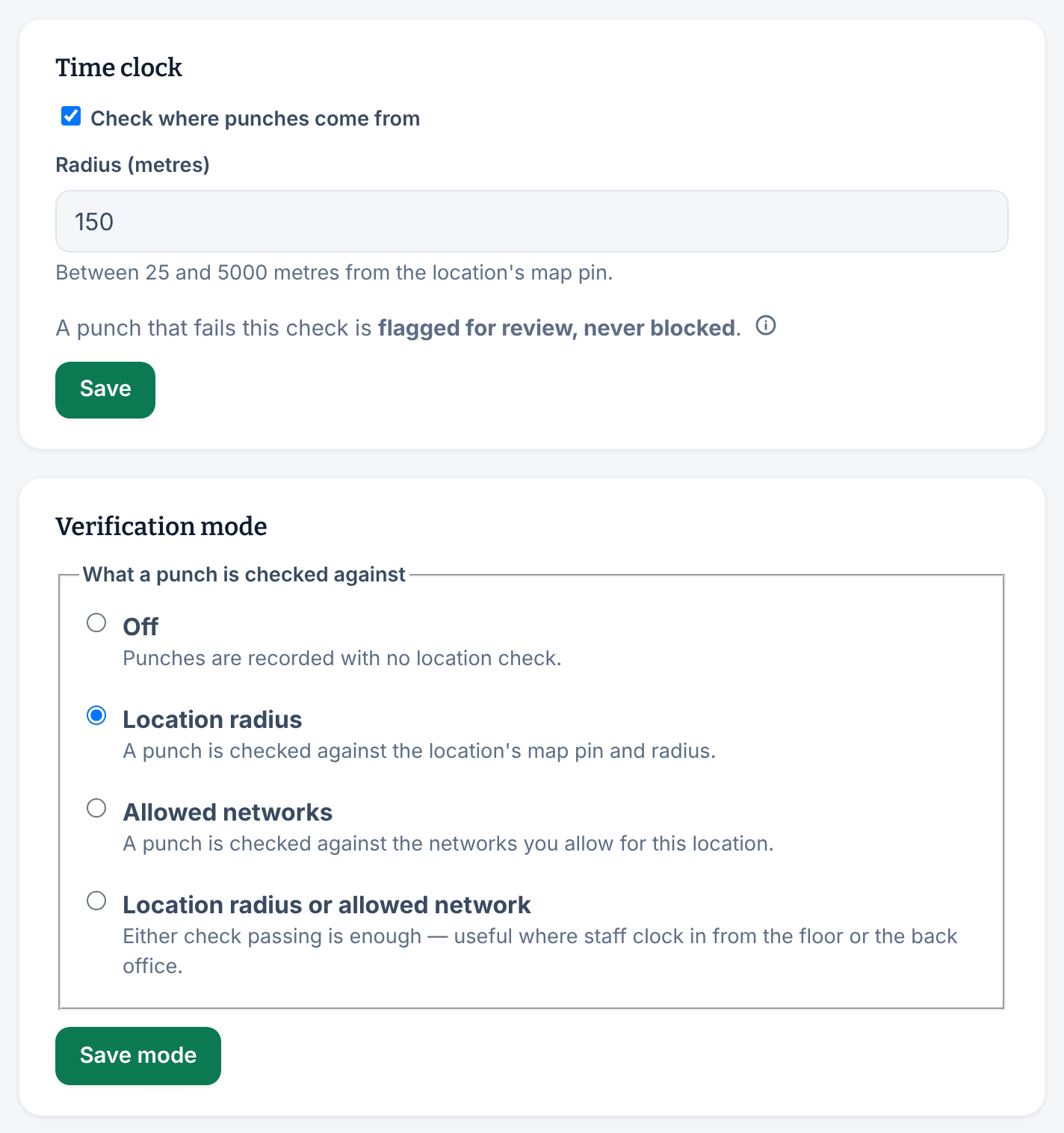 The Time clock section with Check where punches come from ticked, Radius (metres) set to 150 and a Save button, above the Verification mode choices with Location radius selected and a Save mode button.
