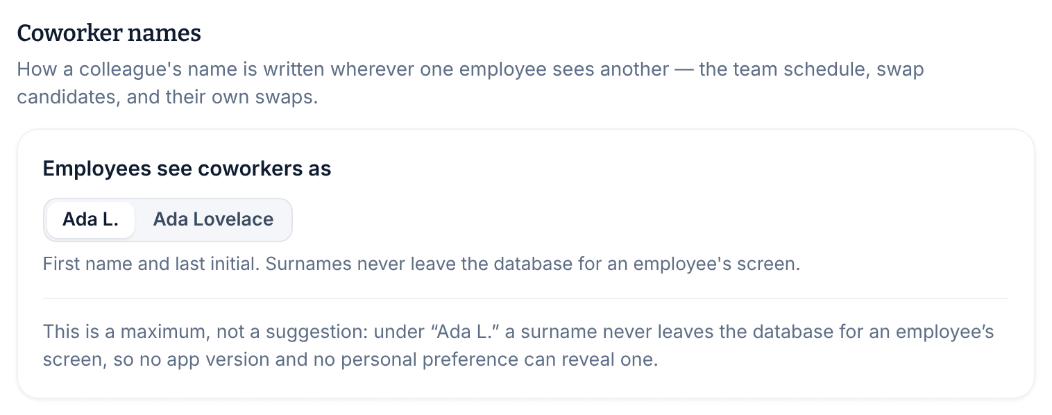The Coworker names setting in Settings, Scheduling, with Employees see coworkers as set to Ada L., first name and last initial, and Ada Lovelace as the other choice.
