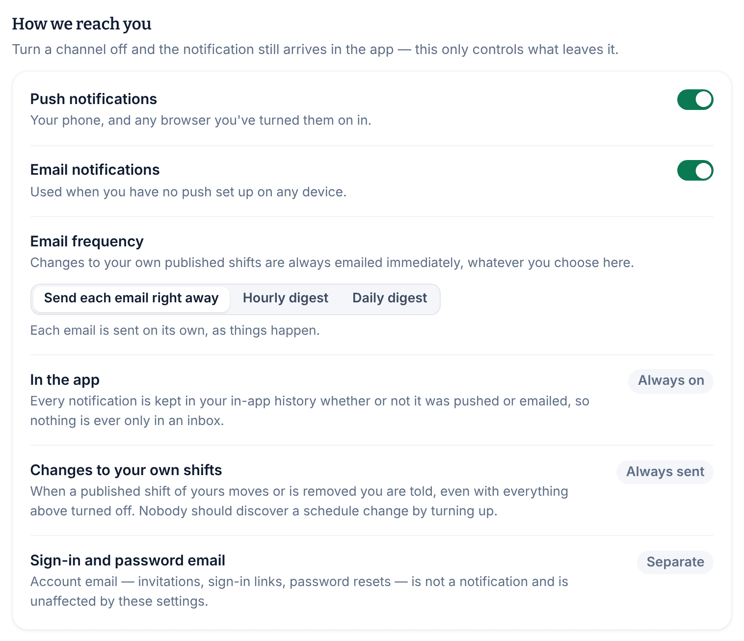 The How we reach you settings, with switches for Push notifications and Email notifications, the Email frequency choice, and the rows that are always on.