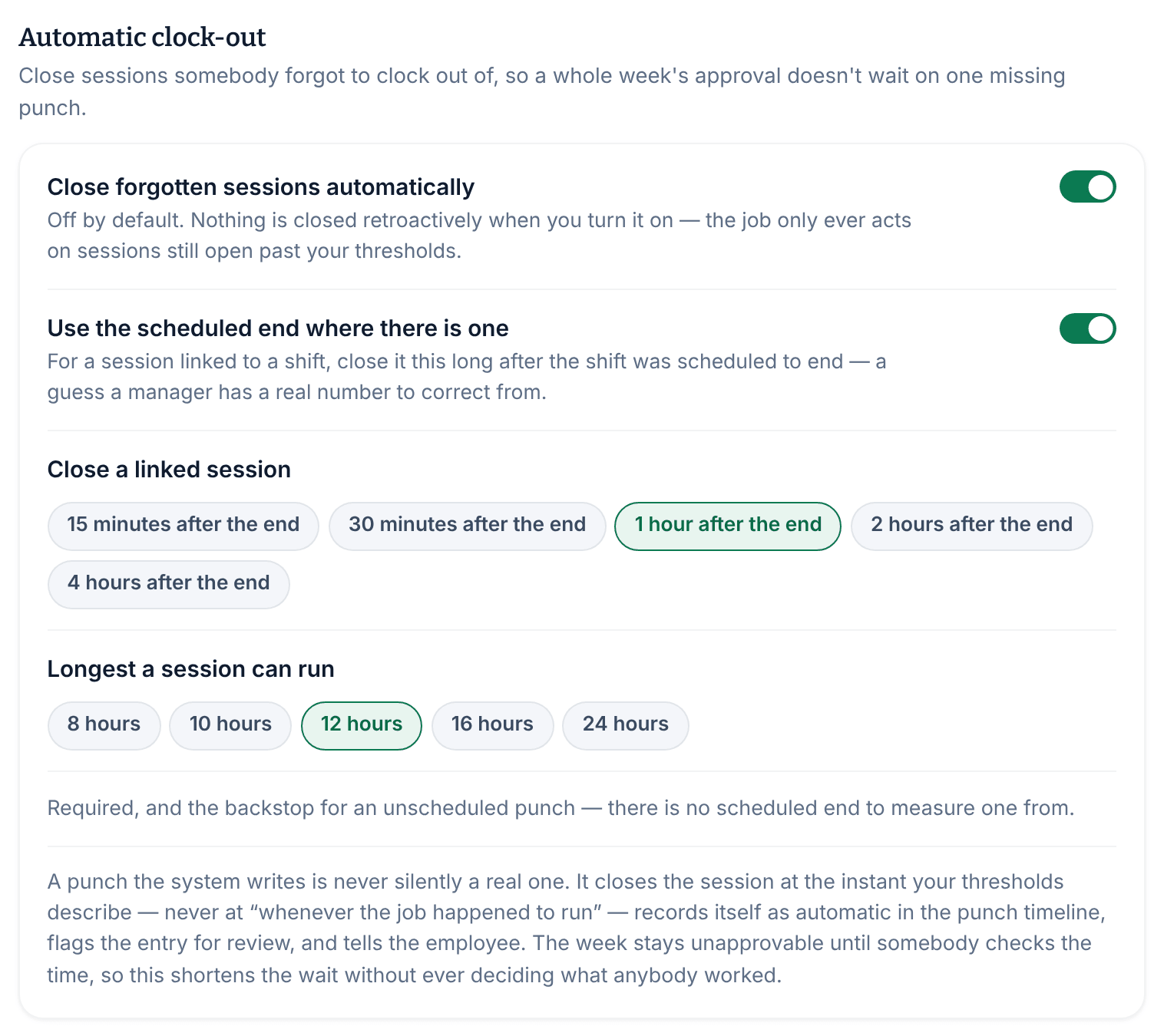 The Automatic clock-out settings with Close forgotten sessions automatically and Use the scheduled end where there is one turned on, Close a linked session set to 1 hour after the end, and Longest a session can run set to 12 hours.