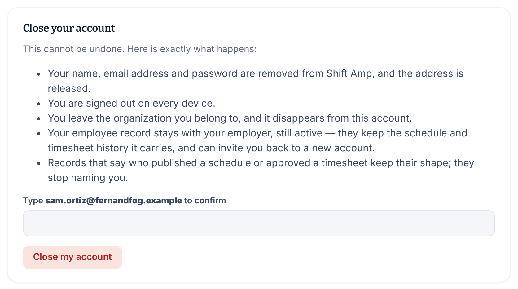 The Close your account card listing what closing does, a box to type your email address, and the Close my account button.