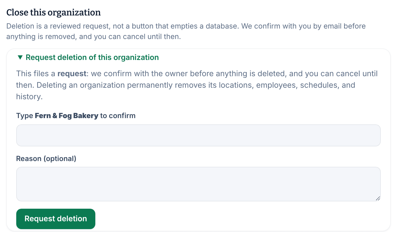 The Close this organization section with Request deletion of this organization opened, showing a box to type Fern & Fog Bakery to confirm, an optional reason and the Request deletion button.