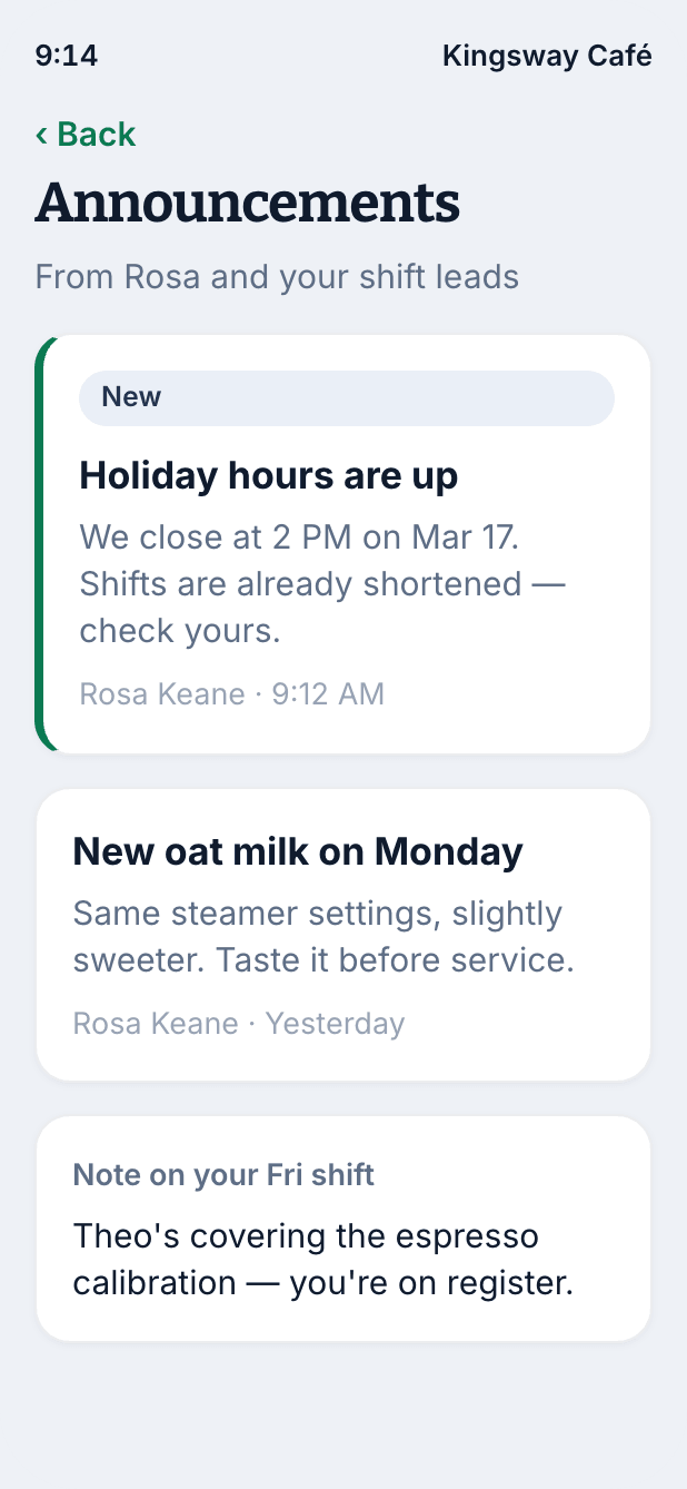 Announcements from a manager and shift leads, as they appear in the Shift Amp app