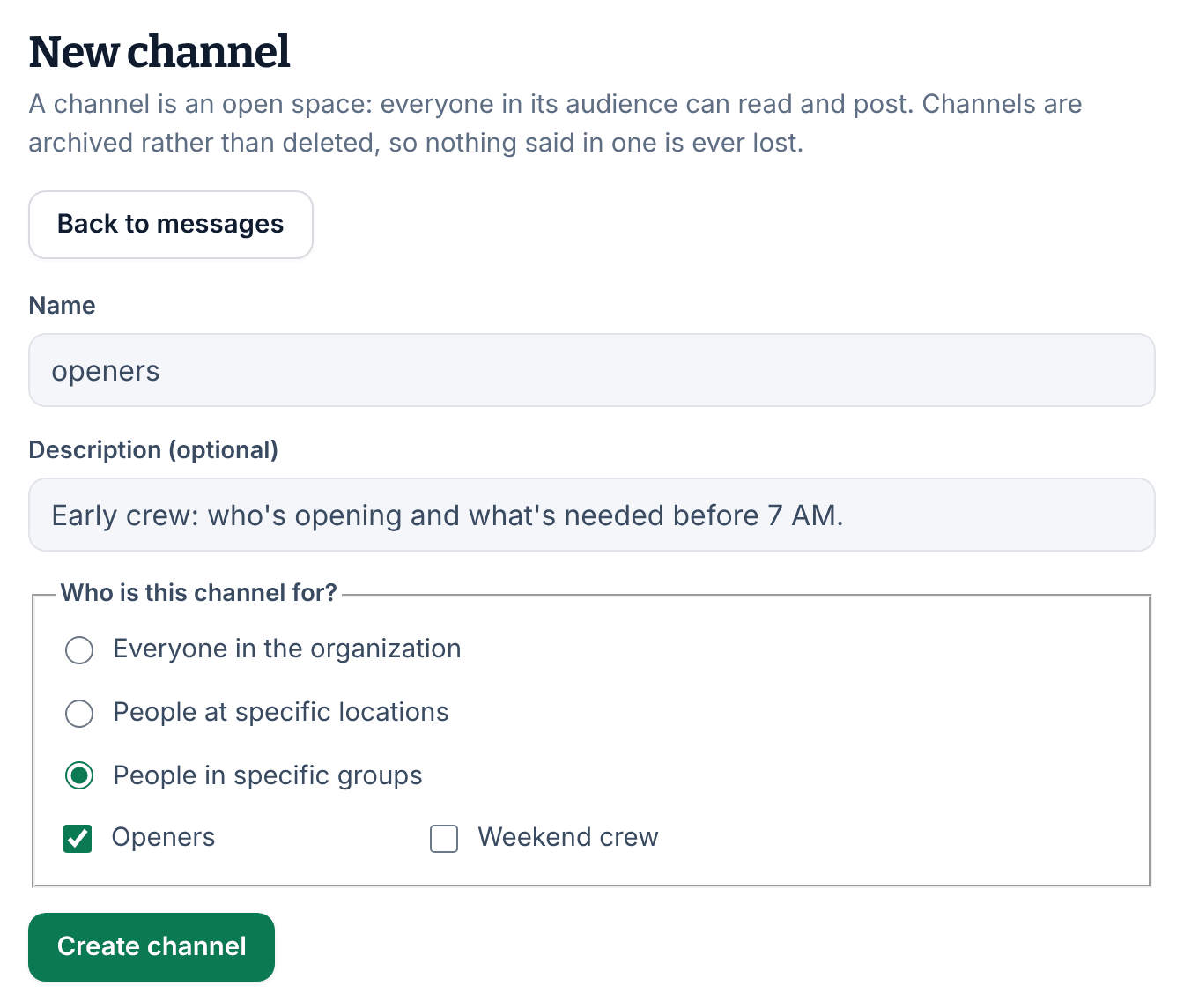 The New channel page with the name openers, a description, and People in specific groups chosen with Openers ticked.