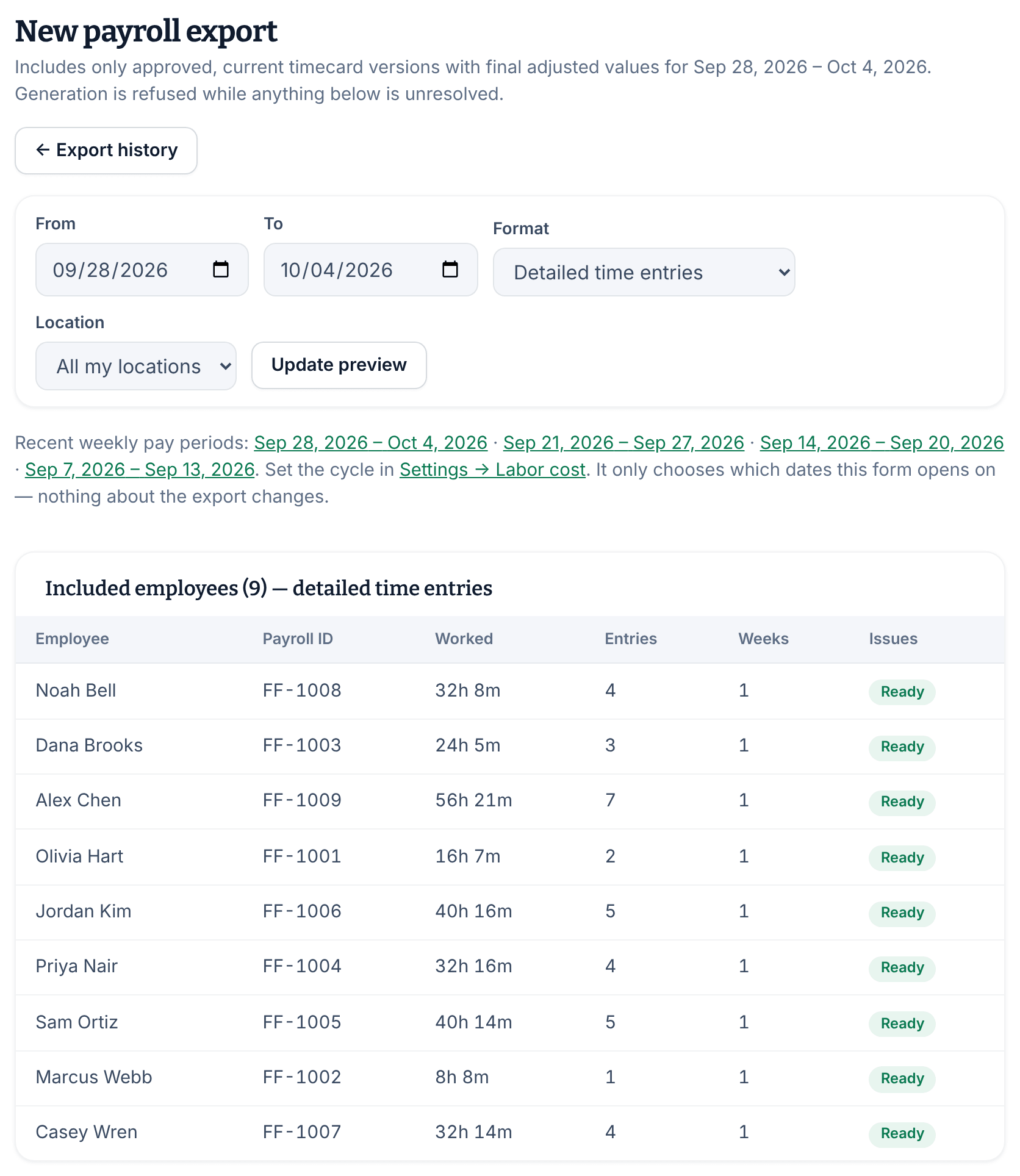 The New payroll export page for Sep 28 to Oct 4, 2026, with the date, format and location fields, and a preview listing nine employees with their payroll IDs and hours, each marked Ready.