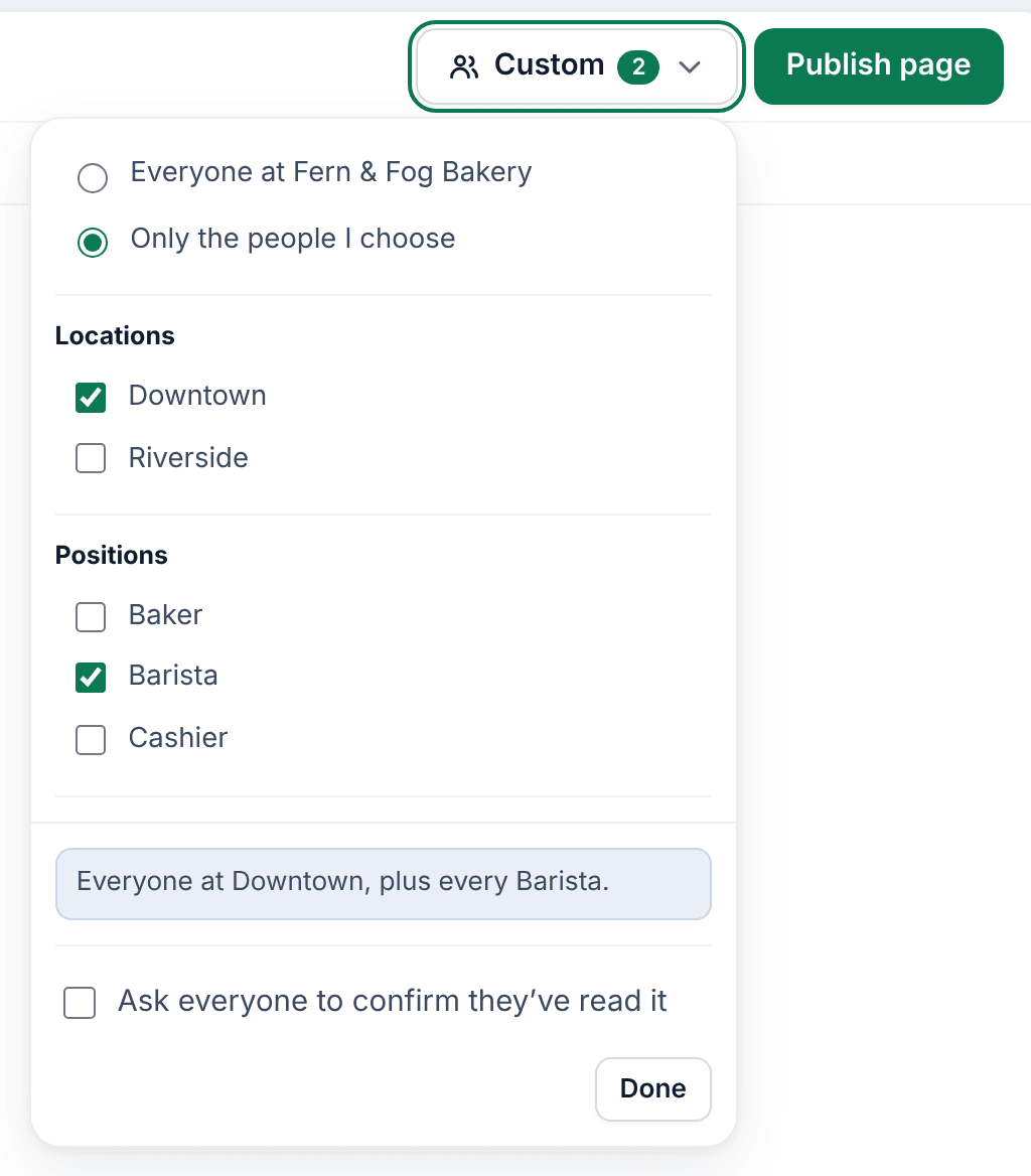 The audience panel for a new page, opened from a button that now reads Custom 2. Only the people I choose is selected, Downtown and Barista are ticked, and the sentence below reads Everyone at Downtown, plus every Barista.