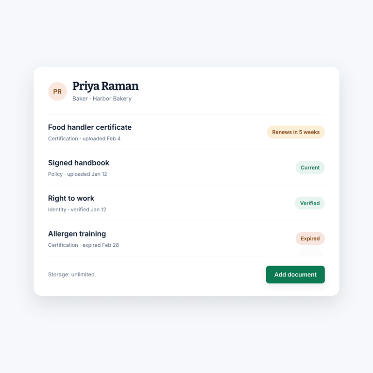 Four documents on one employee's profile with their statuses, an unlimited storage line, and an Add document button.