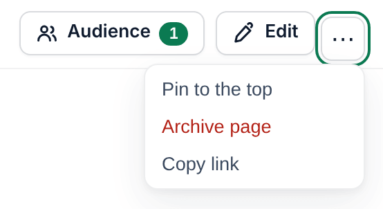 The menu that opens from the ⋯ button on a wiki page, with Pin to the top, Archive page and Copy link.
