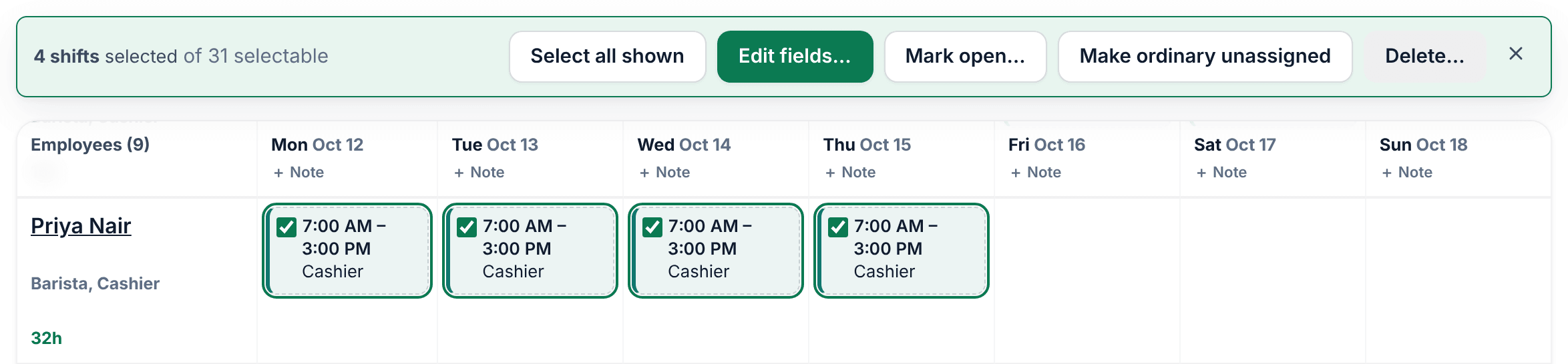 Priya Nair's Monday to Thursday Cashier shifts ticked on the draft schedule, under a bar that reads 4 shifts selected of 31 selectable, with the buttons Select all shown, Edit fields…, Mark open…, Make ordinary unassigned and Delete…, and an X to clear the selection.