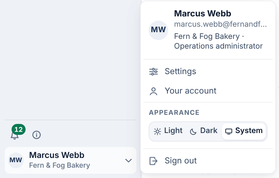 The menu under Marcus Webb's name, showing Marcus's role, Settings, Your account, the Appearance choice and Sign out.