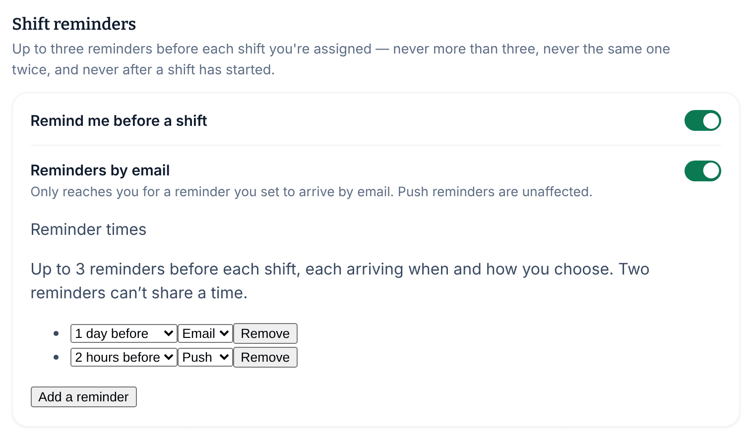 The Shift reminders settings with two reminders: 1 day before by Email and 2 hours before by Push, with a Remove button beside each and the Add a reminder button below.