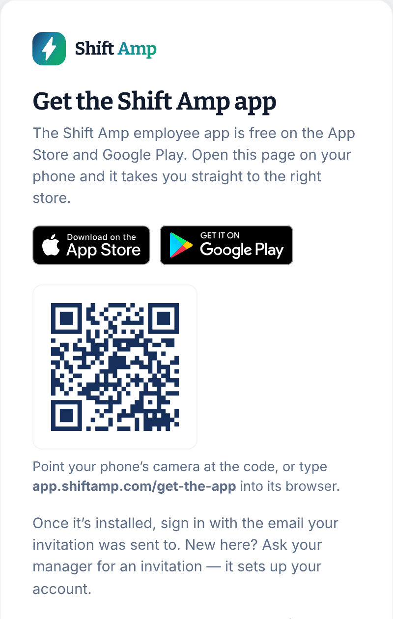 The Get the Shift Amp app page on a computer, with App Store and Google Play badges and a QR code to scan with a phone.