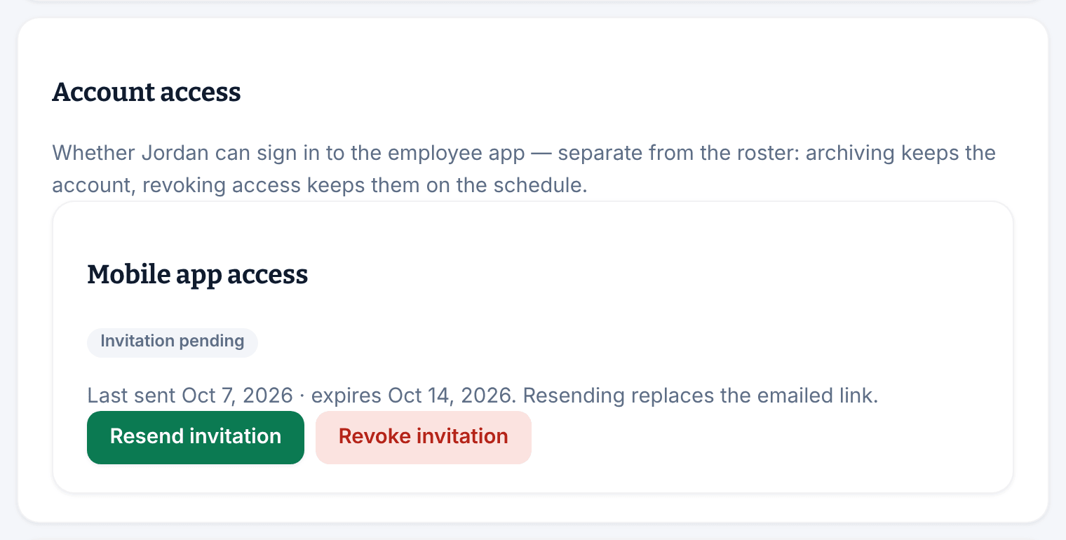 The Mobile app access panel showing Invitation pending, the date it was last sent and the date it expires, with Resend invitation and Revoke invitation buttons.