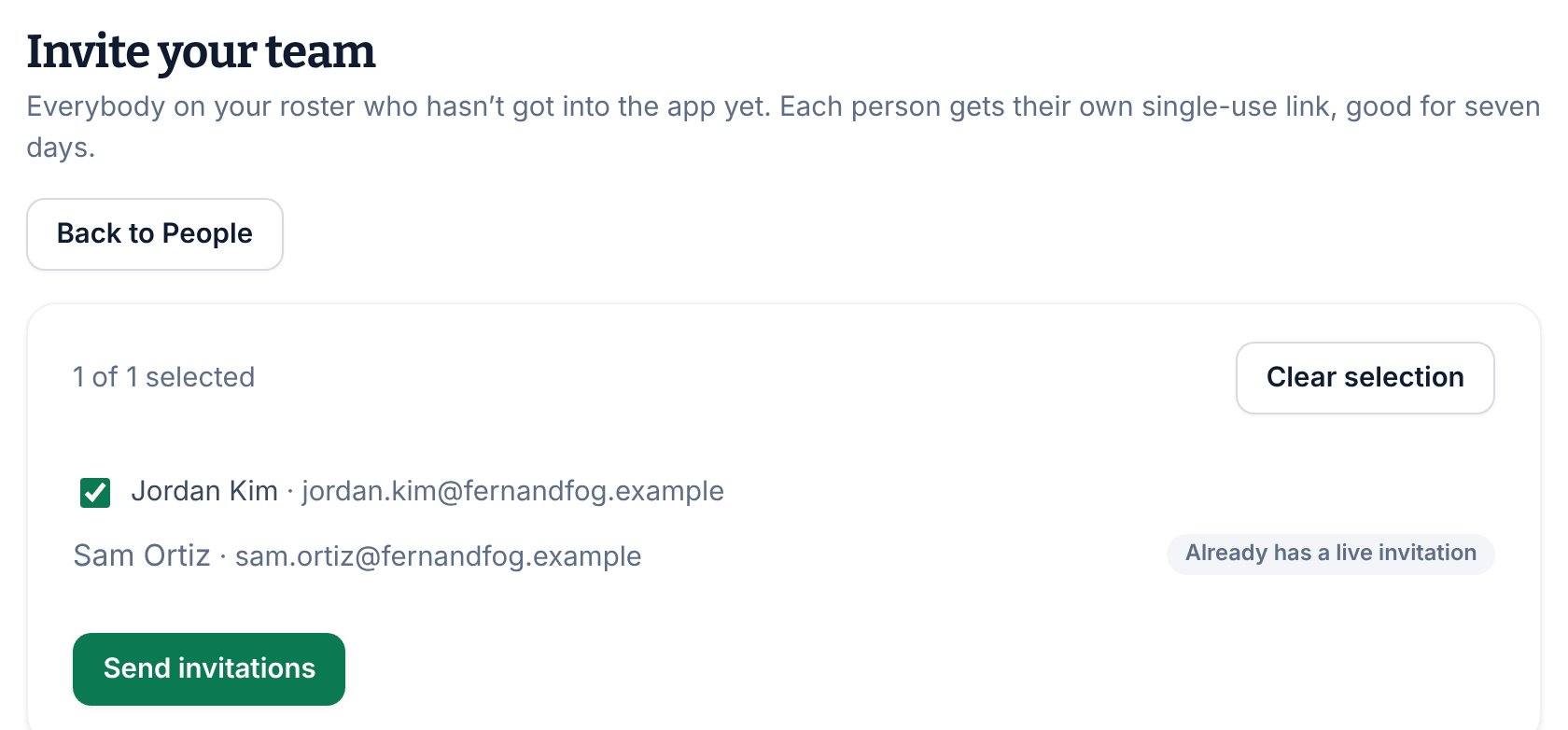 The Invite your team page with one person ticked, the count 1 of 1 selected, a second person marked Already has a live invitation, a Clear selection button and the Send invitations button.