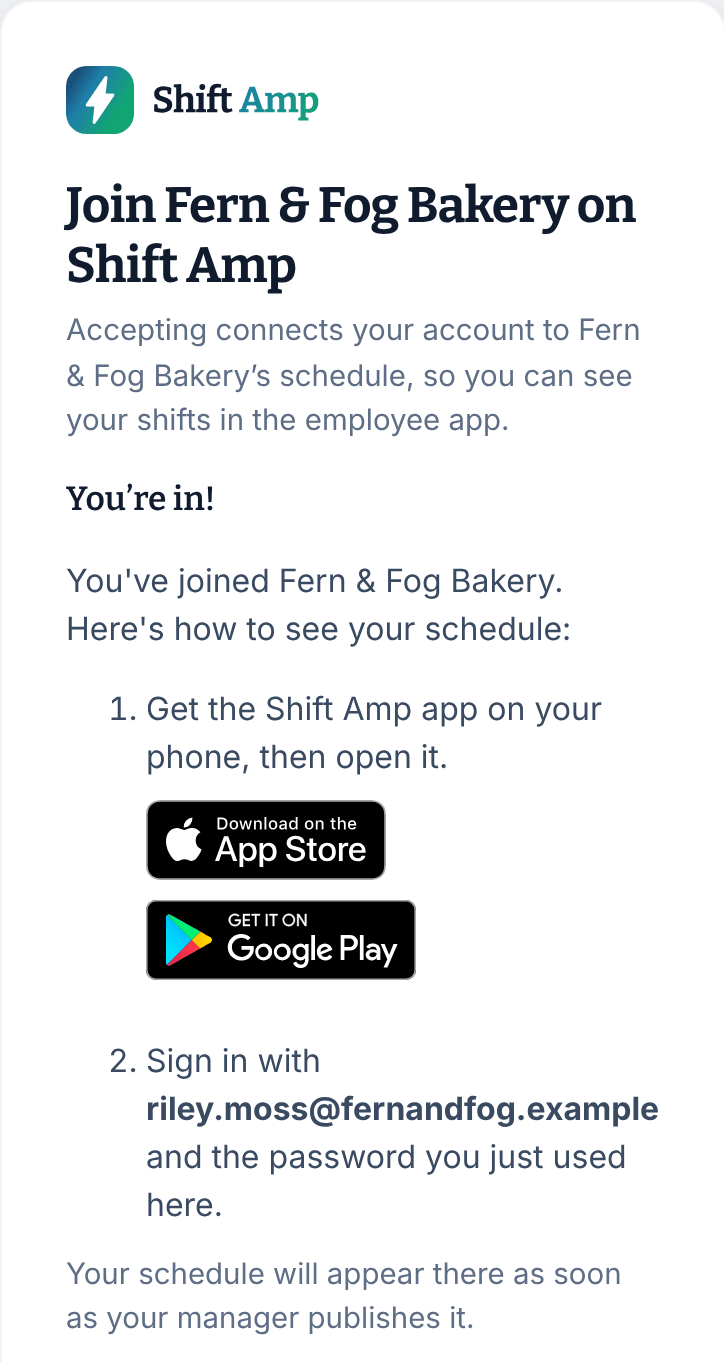 The You're in page after joining, with links to the App Store and Google Play and a reminder to sign in with the invited email address.