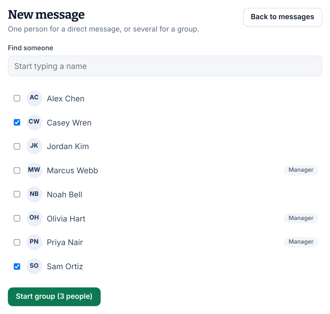 The New message page with Casey Wren and Sam Ortiz ticked in the list of people and the button reading Start group (3 people).