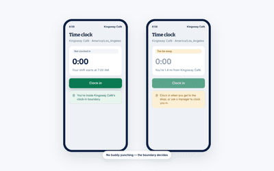 Two phones running the Shift Amp time clock — one inside the clock-in boundary, one too far from the shop