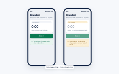 Two phones running the Shift Amp time clock — one inside the clock-in boundary, one too far from the shop