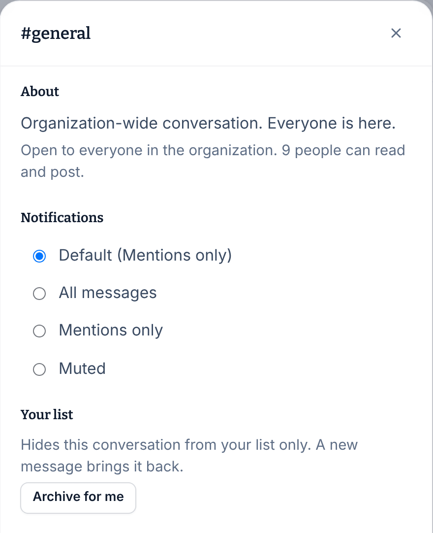 The conversation settings panel for #general, showing the Notifications choices with Default (Mentions only) selected, and the Archive for me button under Your list.