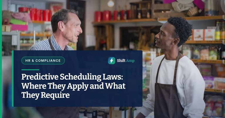 Predictive Scheduling Laws: Where They Apply and What They Require. Two colleagues in aprons conversing in a grocery store setting.
