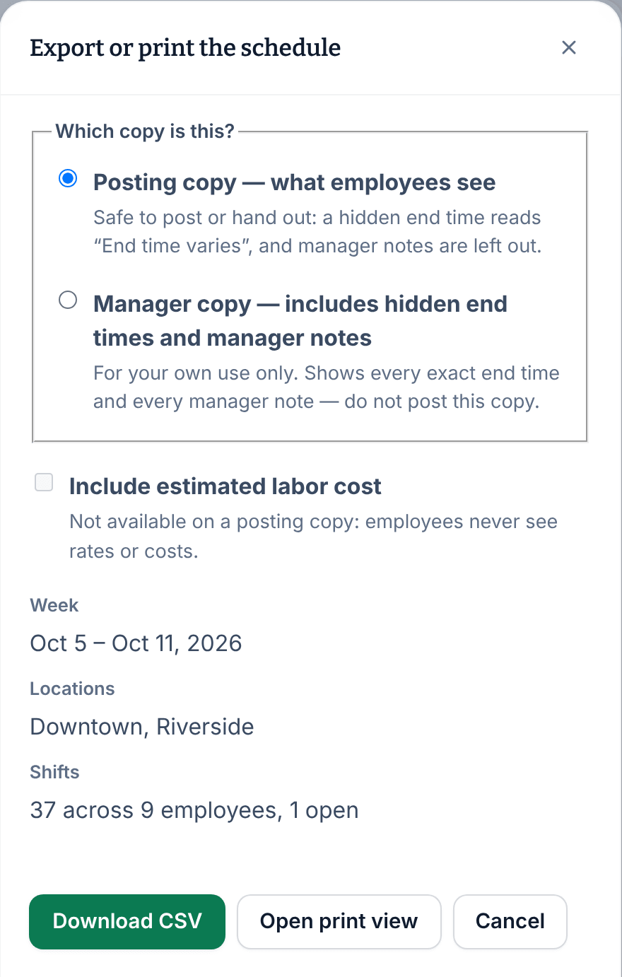The Export or print the schedule panel with Posting copy selected, showing the week, the locations Downtown and Riverside, 37 shifts across 9 employees with 1 open, and the Download CSV, Open print view and Cancel buttons.