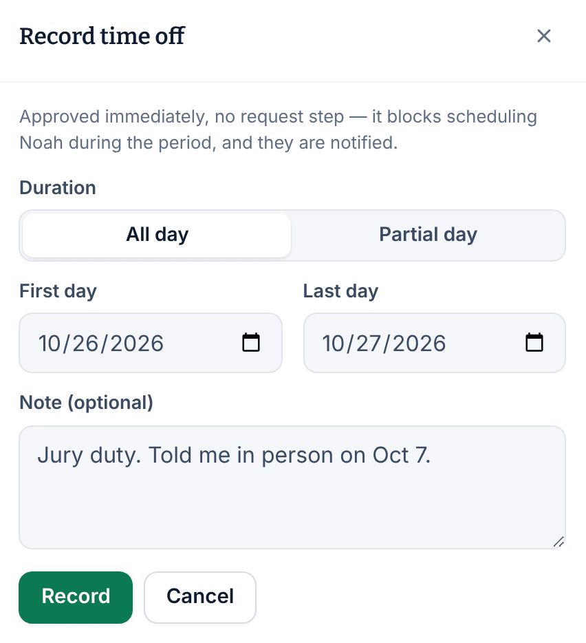 The Record time off panel for Noah Bell, with All day selected, a first day of Oct 26, 2026, a last day of Oct 27, 2026, a note, and the Record button.