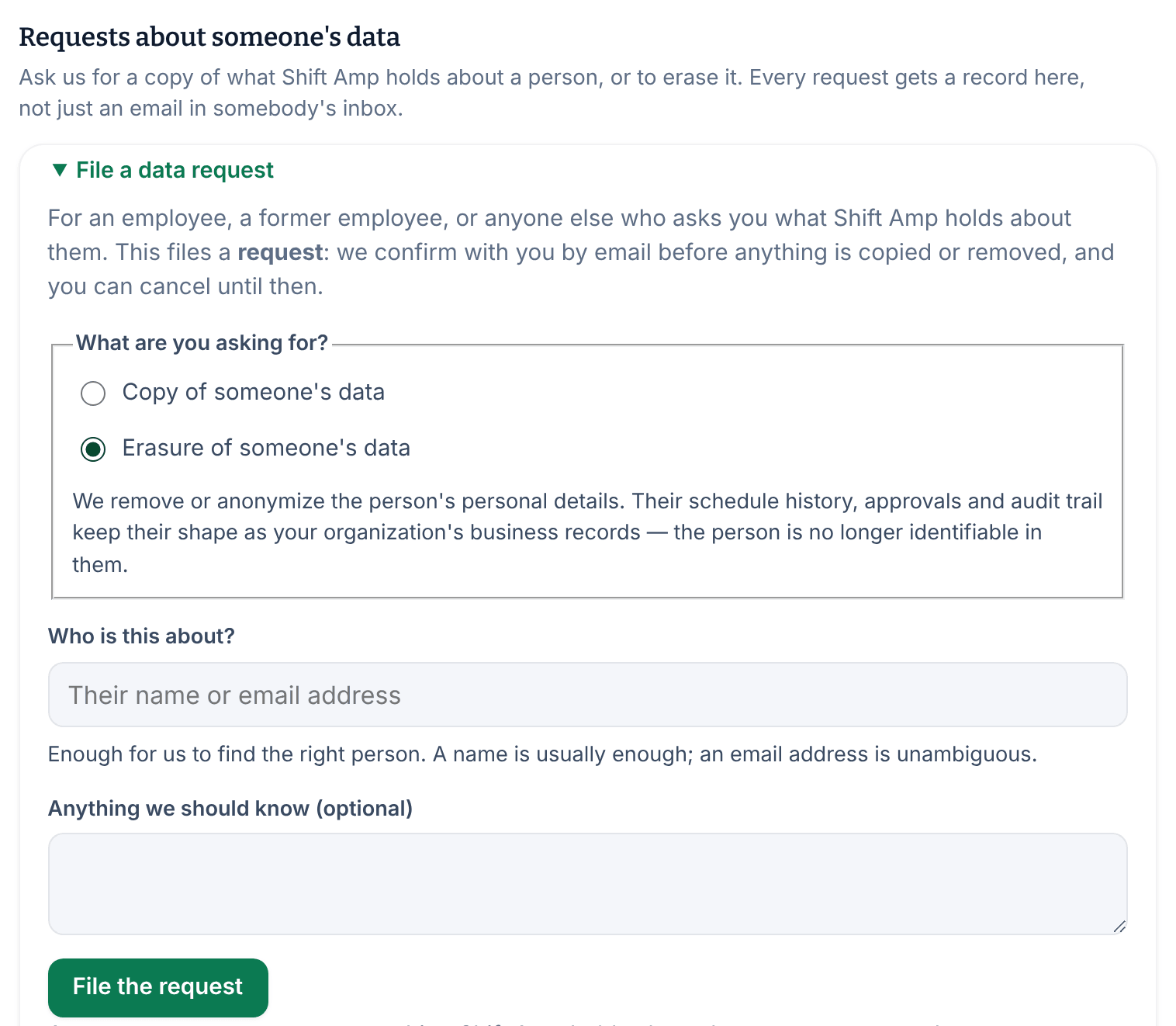 The File a data request form with Erasure of someone's data selected and its explanation, an empty Who is this about? box, and the File the request button.