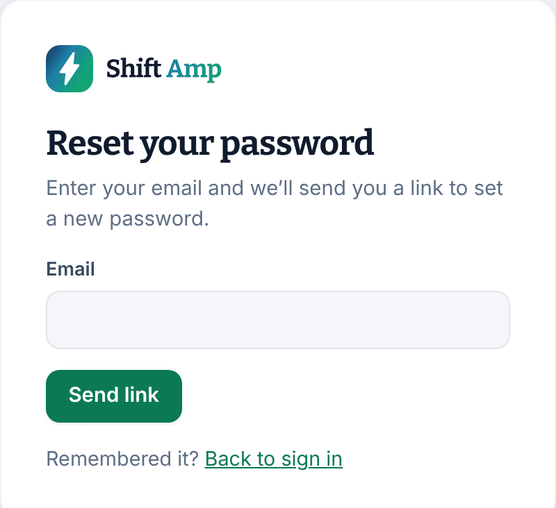 The Reset your password page with an Email field, the Send link button and a Back to sign in link.