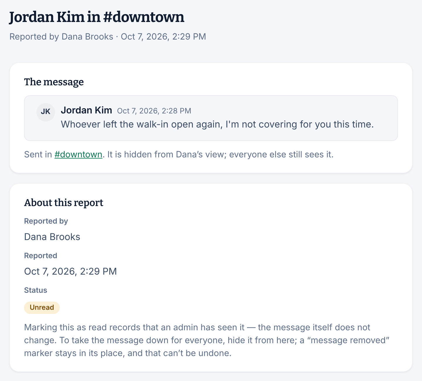 A report titled Jordan Kim in #downtown. The message panel quotes Jordan's message and says it is hidden from Dana's view while everyone else still sees it. About this report lists Dana Brooks as the reporter, the time, and the status Unread.