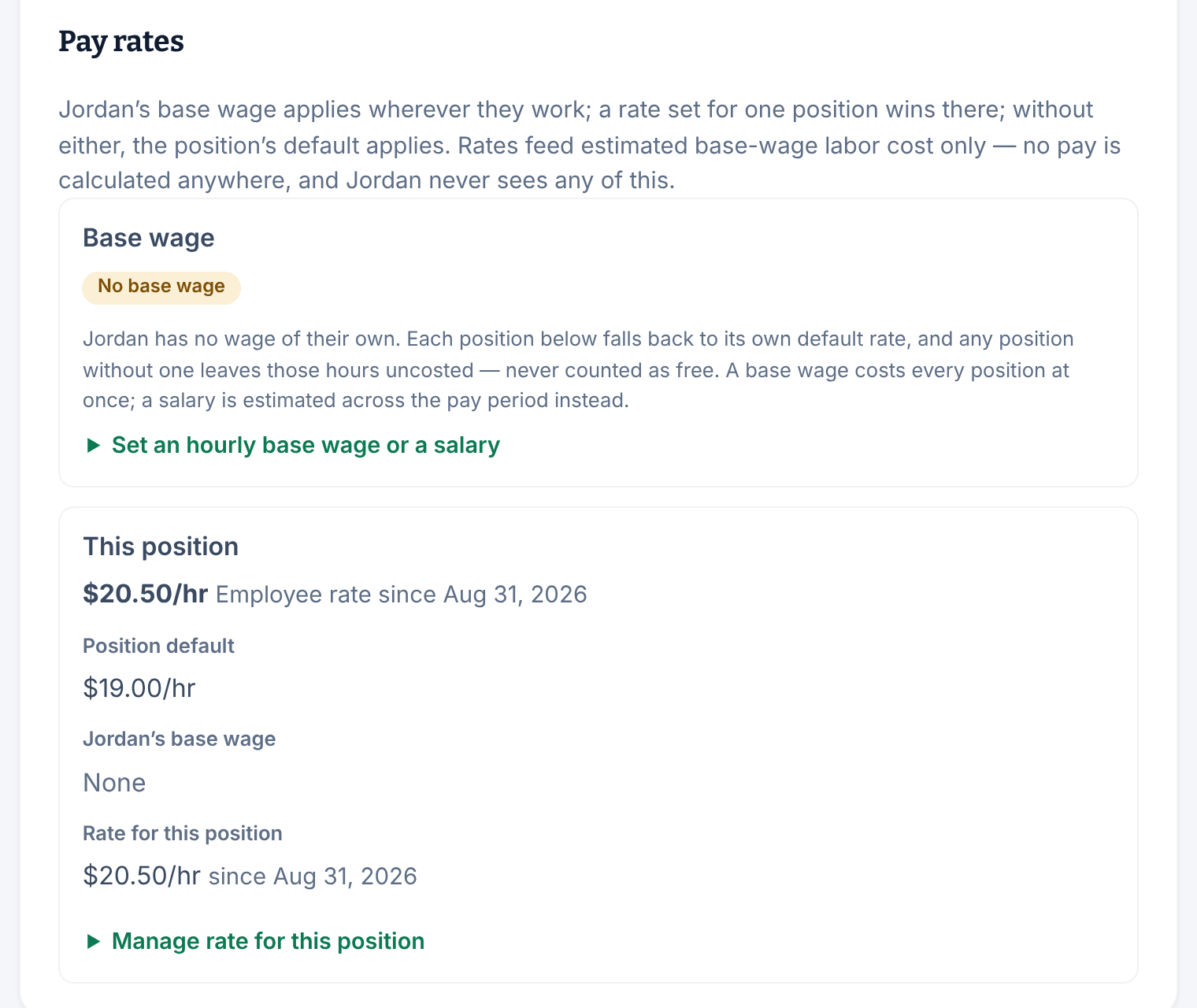 Jordan Kim's Pay rates section. The Base wage card says No base wage. The card for Jordan's one position, called This position, shows $20.50 an hour from Jordan's employee rate, with the $19.00 position default listed below it.