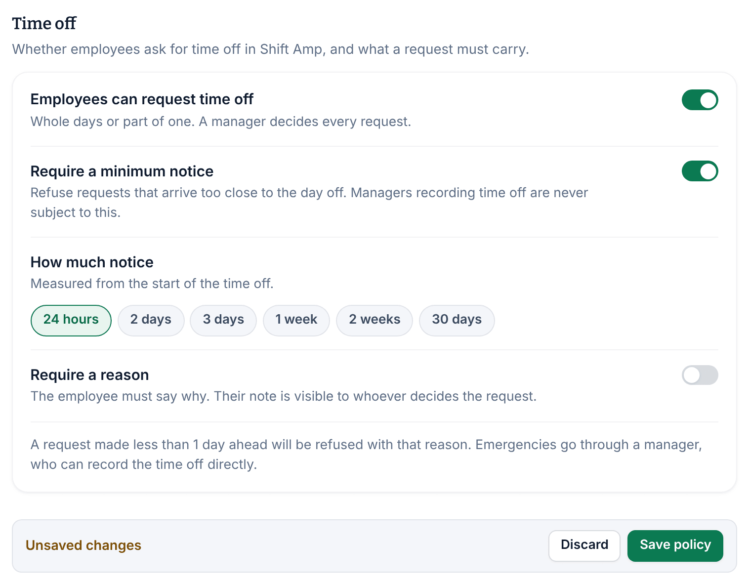 The Time off settings with Employees can request time off and Require a minimum notice switched on, How much notice set to 24 hours, and the Unsaved changes bar with Discard and Save policy.