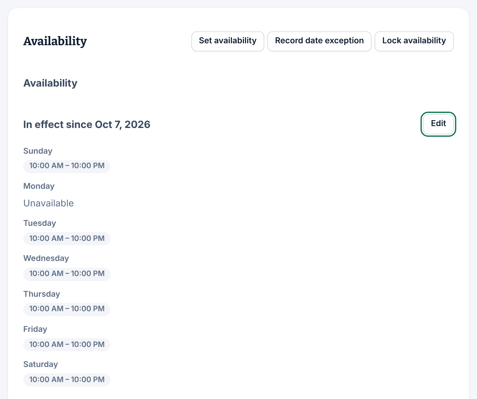 The Availability section of Noah Bell's record, with the Set availability, Record date exception and Lock availability buttons, and the Edit button beside In effect since Oct 7, 2026, above Noah's week.
