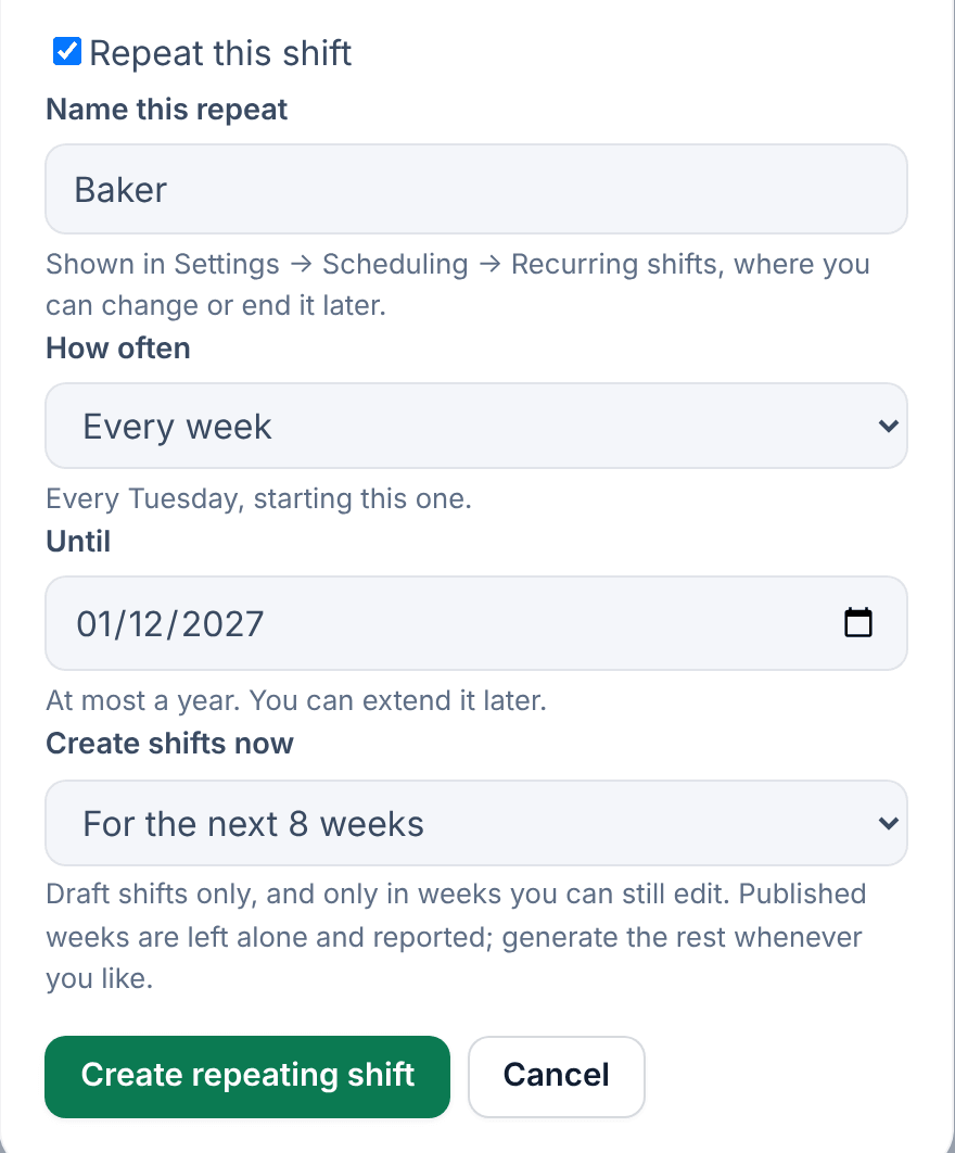 The repeat section of a new Baker shift, with Repeat this shift ticked, Name this repeat set to Baker, How often set to Every week with the note Every Tuesday, starting this one, an Until date of 01/12/2027, and For the next 8 weeks.