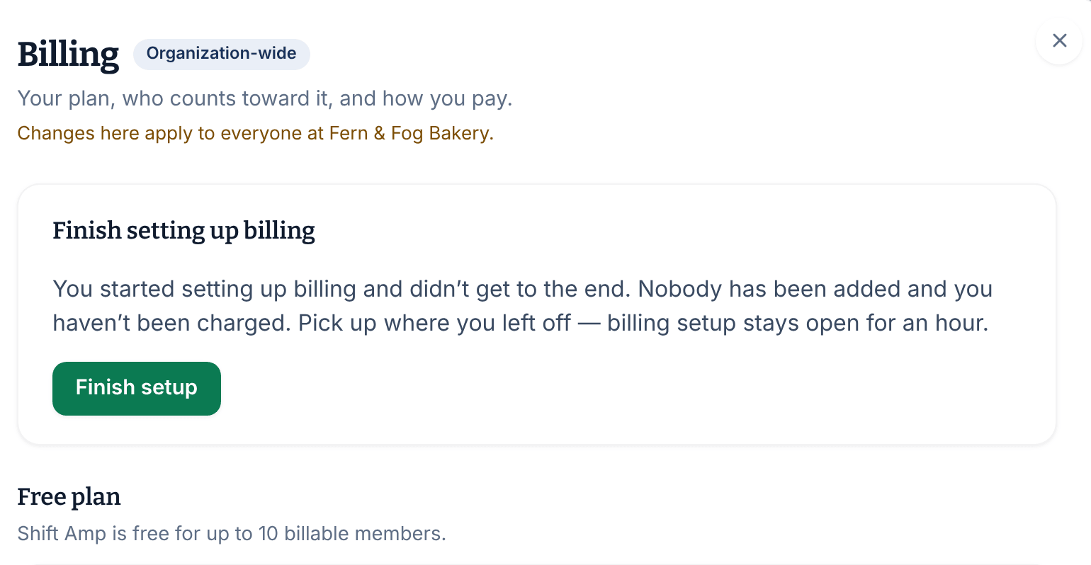 The Billing page with a Finish setting up billing panel, saying nobody has been added and you haven't been charged, and a Finish setup button.