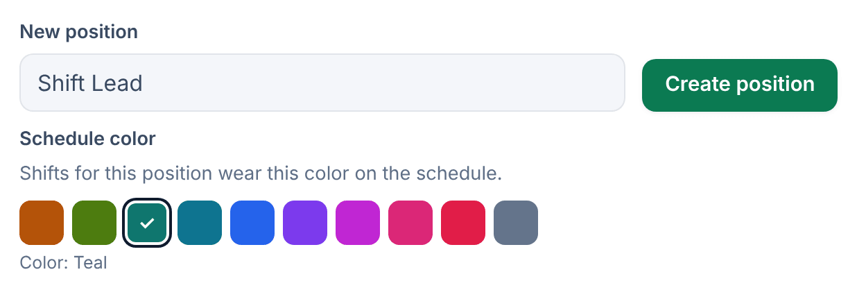 The New position form with Shift Lead typed as the name and a color chosen under Schedule color.