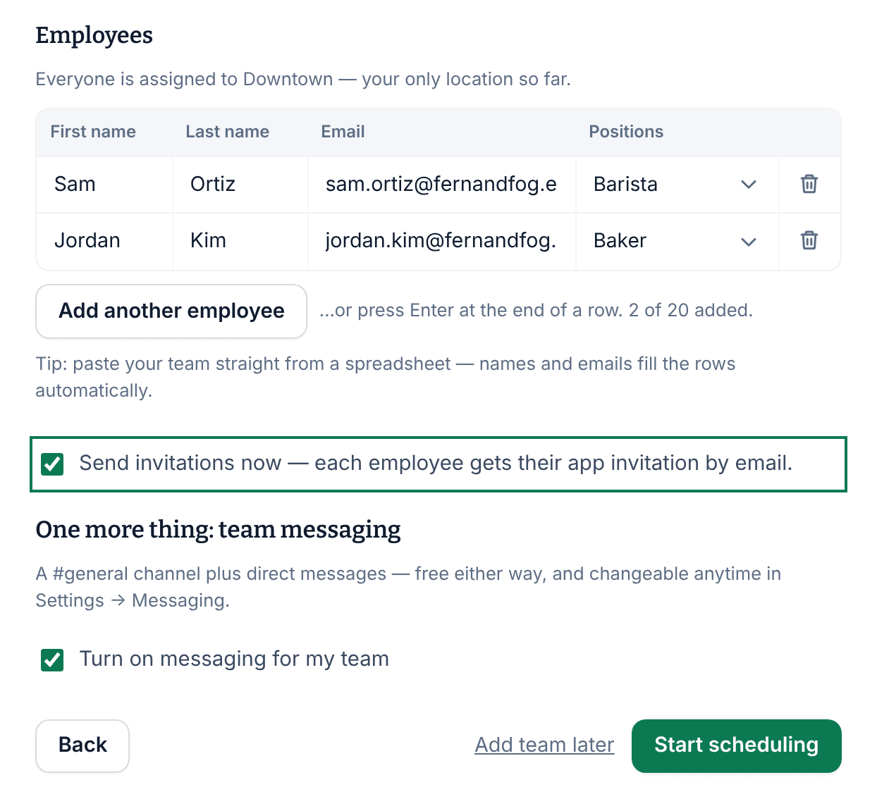 The Add your team step with two employees entered and both boxes ticked: Send invitations now and Turn on messaging for my team.