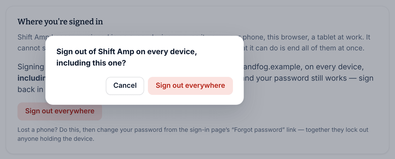 A confirmation asking Sign out of Shift Amp on every device, including this one, with Cancel and Sign out everywhere buttons, shown over the Where you’re signed in card on Your account.