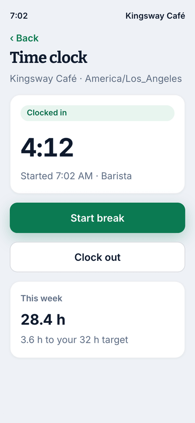 The Shift Amp time clock mid-shift, with the hours so far, start break and clock out