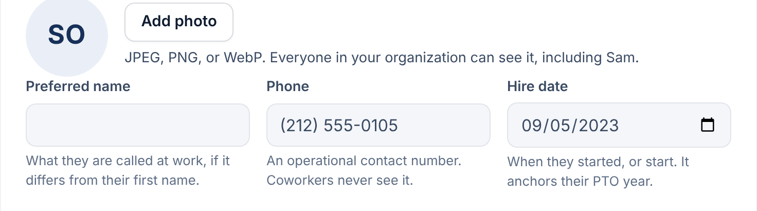 The Profile panel for Sam Ortiz, showing the photo with Add photo, and the Preferred name, Phone and Hire date fields.
