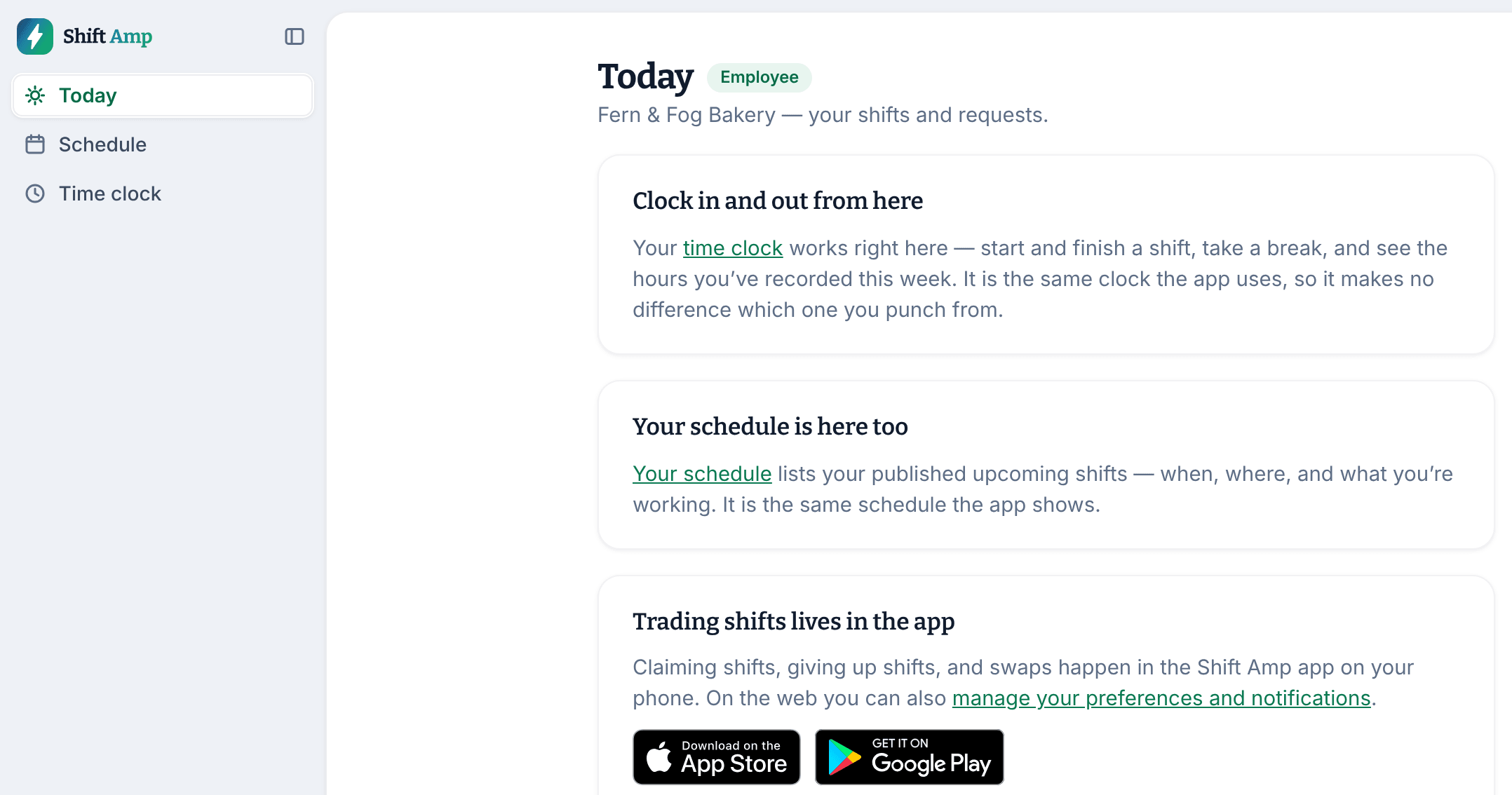 The Today page for an employee, with the left menu showing Today, Schedule and Time clock, and panels about the time clock, the schedule and the app.