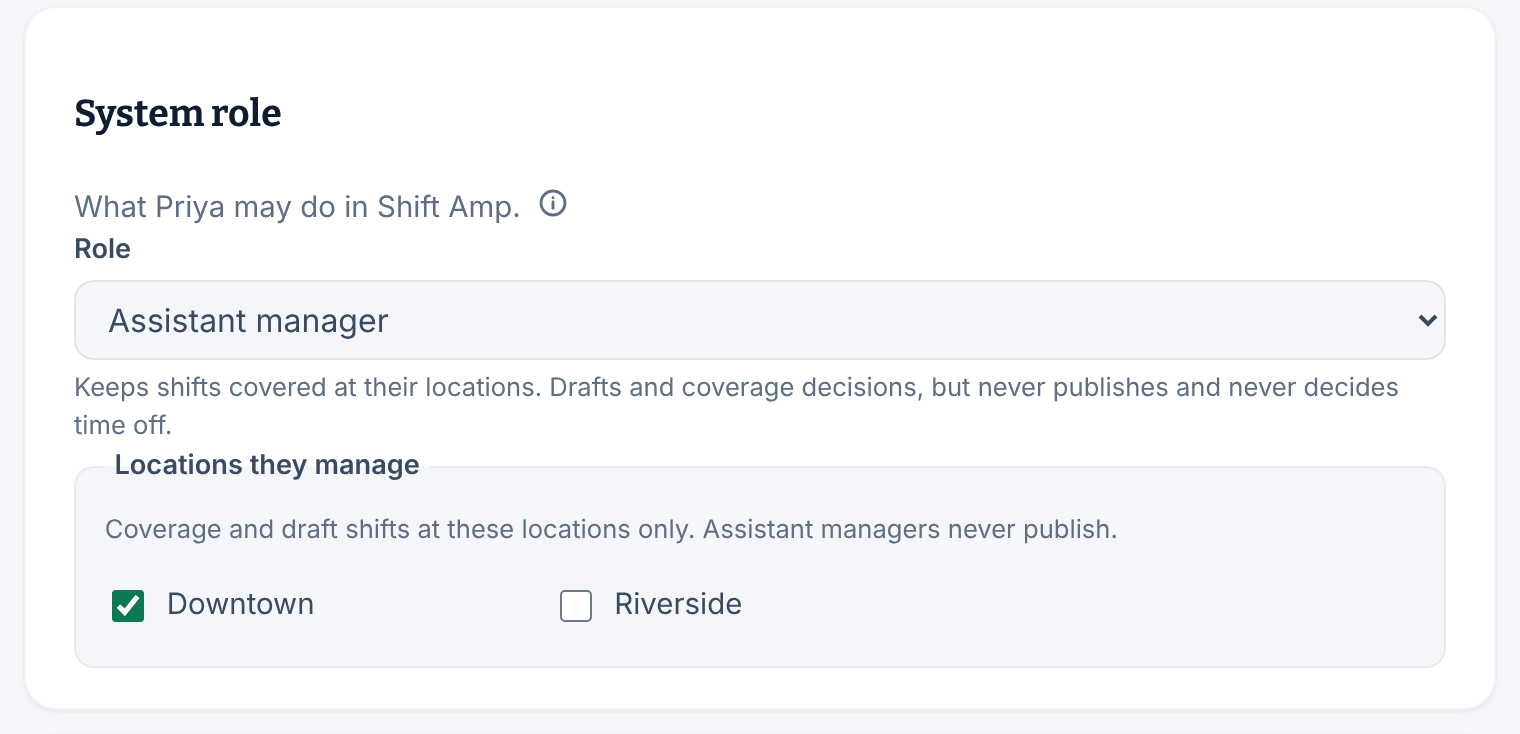 The System role section of Priya Nair's record, showing the Role menu set to Assistant manager, its description, and Downtown ticked under Locations they manage.