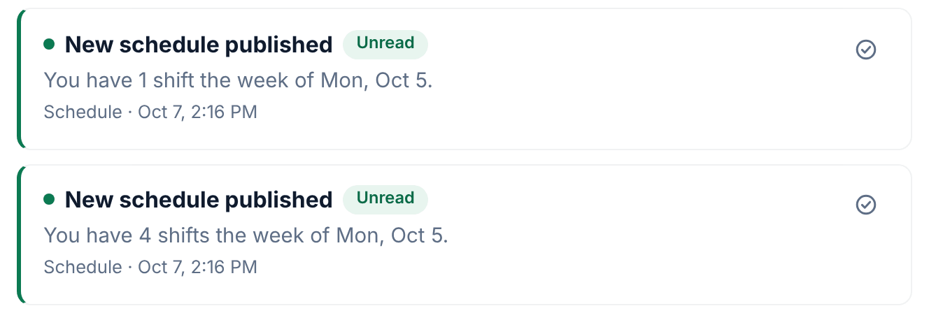 Two New schedule published notifications in Sam Ortiz's notification history on the web, both for the week of Mon, Oct 5: one reads You have 1 shift, the other You have 4 shifts.